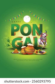 Tamil Nadu festival Happy Pongal with Pongal props, holiday Background, Pongal celebration greeting card, abstract vector illustration design.	