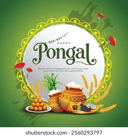 Tamil Nadu festival Happy Pongal with Pongal props, holiday Background, Pongal celebration greeting card, abstract vector illustration design.	