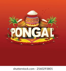 Tamil Nadu festival Happy Pongal with Pongal props, holiday Background, Pongal celebration greeting card, abstract vector illustration design.	