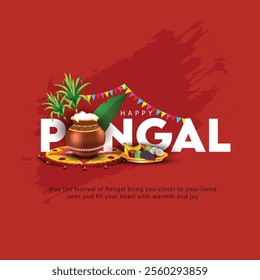 Tamil Nadu festival Happy Pongal with Pongal props, holiday Background, Pongal celebration greeting card, abstract vector illustration design.	