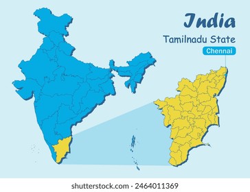 Tamil Nadu India vector map illustration. Tamil Nadu District vector map illustration. Tamil Nadu political outline. Illustration. India Map with Highlighted Tamil Nadu state. India Map.