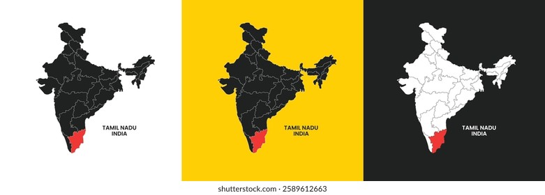 Tamil Nadu India vector map illustration. Tamil Nadu District vector map illustration. Tamil Nadu political outline. Illustration. India Map with Highlighted Tamil Nadu state. India Map.