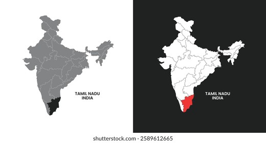 Tamil Nadu India vector map illustration. Tamil Nadu District vector map illustration. Tamil Nadu political outline. Illustration. India Map with Highlighted Tamil Nadu state. India Map.