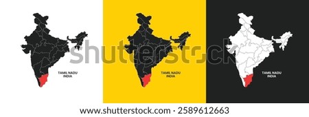 Tamil Nadu India vector map illustration. Tamil Nadu District vector map illustration. Tamil Nadu political outline. Illustration. India Map with Highlighted Tamil Nadu state. India Map.