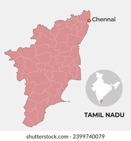 Mapa de localización de Tamil Nadu que muestra el distrito y su capital 