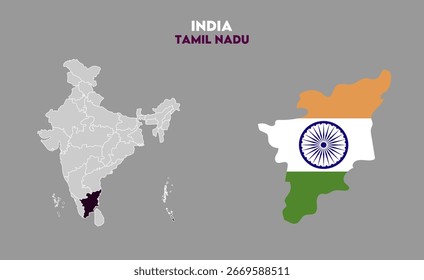 Tamil Nadu map with Indian flag, Indian states, suitable for education, business, presentations, print, web use, and creative geographic projects. Indian union territory.