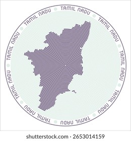 Tamil Nadu round logo design. State shape build of rings. Tamil Nadu text around the state. Vector Illustration.