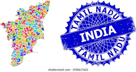 Resumen del mapa del estado de Tamil Nadu. Mosaico de bolas y sello de angustia para el mapa del estado de Tamil Nadu. Sello azul rosetón nítido con texto para el mapa del estado de Tamil Nadu.