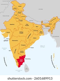 Tamil Nadu state map, India. Editable vector map with state name, border, and Chennai capital city.