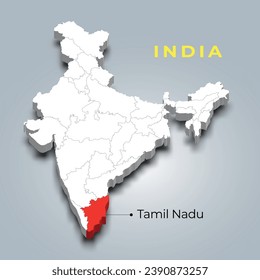 Tamil Nadu state map location in Indian 3d isometric map. Tamil Nadu map vector illustration