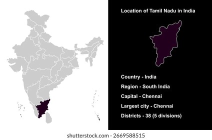Tamil Nadu State Outline Map Índia, estados indianos, adequado para educação, negócios, apresentações, impressão, uso da web, e projetos geográficos criativos. Território da União Indiana.