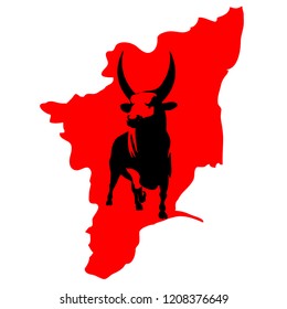 tamil nadu vector map red color and block bull on silhouette illustration isolated on white background 