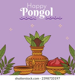 Tamil New Year Background. Happy Pongal celebrations greetings. with suger cane and religious props Vector illustration .