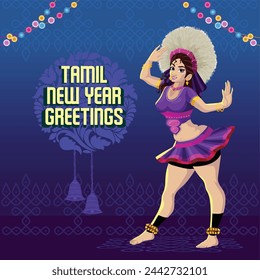 Tamil New Year Greetings with a girl performing Folk Dance