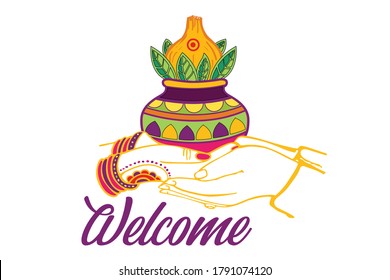 Tamil wedding couple holding hands vector illustration, Welcome hand