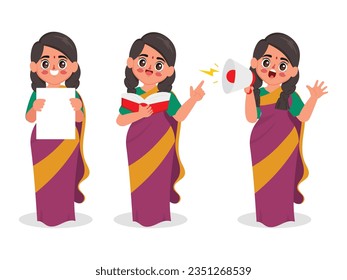 Tamil woman pose holding placard, reading a book and talking with megaphone. Young indian woman wearing saree. Business woman cartoon character design.