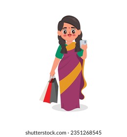 Tamil woman is shopping and payment on mobile banking. Young indian woman wearing saree. Business woman cartoon character design.