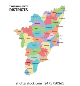 mapa de tamilnadu con nombre del distrito, Vector de mapas de tamilnadu, mapa esquemático de tamilnadu 2024, Ilustración vectorial de tamil nadu, dibujo fácil, mapa de colores de los distritos de tamilnadu, 38 distritos