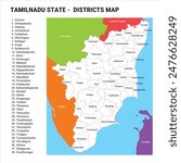 Tamilnadu map vector drawing, Tamilnadu map with district name,  Outline colour map of Tamilnadu, vector illustration of Tamil Nadu, easy drawing, Tamilnadu map with districts, New illustration 2024