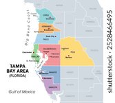 Tampa Bay area, Florida, United States, multi colored political map. Major metropolitan area surrounding Tampa Bay on the Gulf Coast of Florida. Map with counties, their capitals, and major cities. 