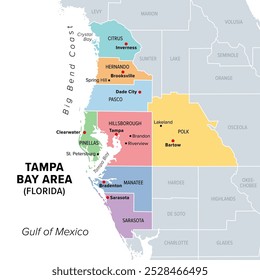 Área de Tampa Bay, Flórida, Estados Unidos, mapa político multicolorido. Grande área metropolitana em torno da Baía de Tampa na Costa do Golfo da Flórida. Mapa com condados, suas capitais e principais cidades. 