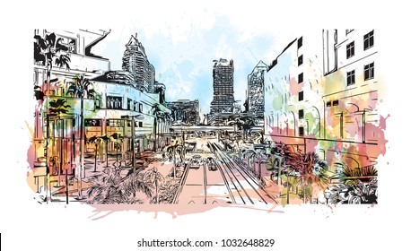 Tampa City in Florida, USA. Watercolor splash with Hand drawn sketch illustration in vector.