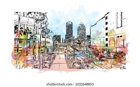 Tampa City in Florida, USA. Watercolor splash with Hand drawn sketch illustration in vector.