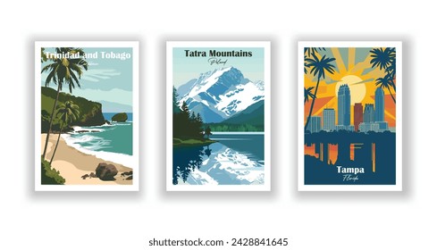 Tampa, Florida. Tatra Mountains, Poland. Trinidad and Tobago, Caribbean - Vintage travel poster. Vector illustration. High quality prints