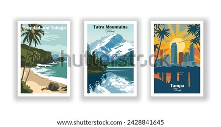 Tampa, Florida. Tatra Mountains, Poland. Trinidad and Tobago, Caribbean - Vintage travel poster. Vector illustration. High quality prints Сток-фото © 