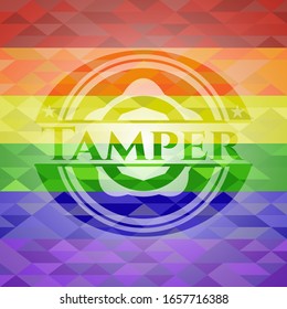 Emblema de tamper sobre fondo de mosaico con los colores de la bandera LGBT