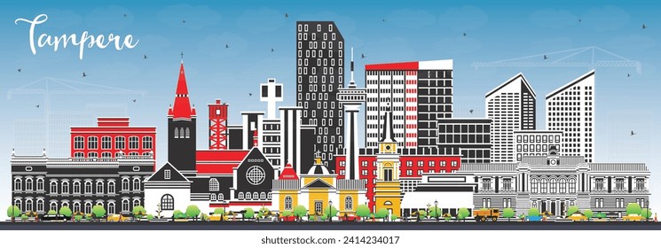 Tampere Finland city skyline with color buildings and blue sky. Vector illustration. Tampere cityscape with landmarks. Business travel and tourism concept with modern and historic architecture.