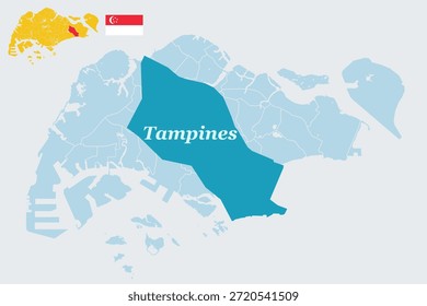 Tampines Singapur Karte mit Flagge - Eastern Residential Hub und Eco Town Vector Outline.earth