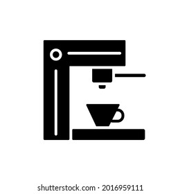 Tamping espresso machine glyph icon. Coffee and barista equipment. Black silhouette symbol. Isolated vector stock illustration