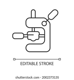 Tamping espresso machine linear icon. Professional coffee maker. Barista accessories. Thin line customizable illustration. Contour symbol. Vector isolated outline drawing. Editable stroke