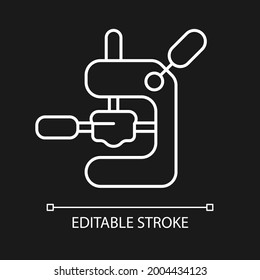 Tamping espresso machine white linear icon for dark theme. Professional coffee maker. Thin line customizable illustration. Isolated vector contour symbol for night mode. Editable stroke