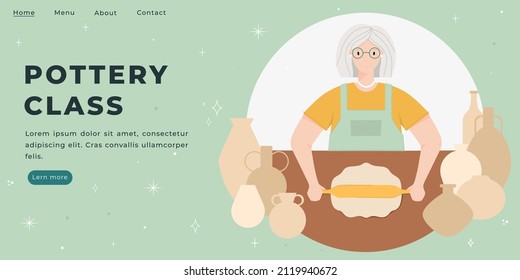 Tamplate for website with adorable pottery artisan. landing page for pottery class with craftwoman and vases.