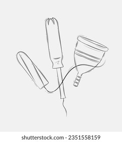 Tampon and menstrual cup composition drawing on grey background