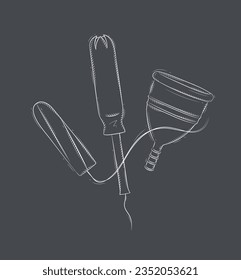 Tampon and menstrual cup composition drawing on black background