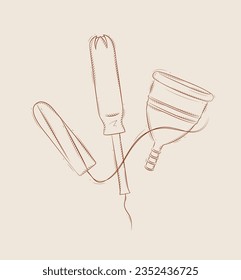 Composición del tampón y la taza menstrual dibujando sobre fondo beige