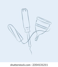 Tampon and menstrual cup composition drawing on blue background