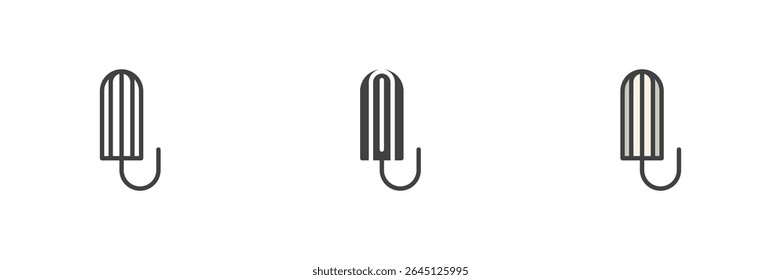 Tampon with string icon shown in line, solid, and filled outline style. Female hygiene and sanitary product symbol. Vector health care icon set.