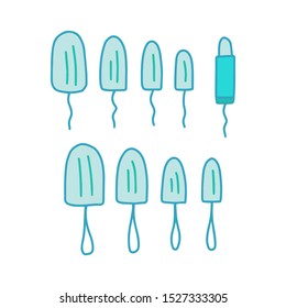 Tampons hand drawn vector illustration set of different sizes absorbence big medium small large applicator