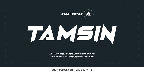 Tamsin Minimal Design Fonte abstrata moderna do alfabeto digital. Tipografia de tecnologia mínima, fonte futurista da moda do esporte urbano criativo e com números.