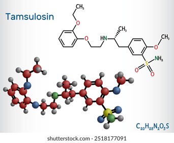 Tamsulosin drug molecule. Used to treat benign prostatic hyperplasia, ureteral stones, prostatitis. Structural chemical formula, molecule model. Vector illustration