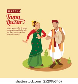 Tamu Lhosar o Tamu Lochar es un festival de año nuevo del pueblo Gurung de Sikkim, India. Diseño de saludo con Ilustración vectorial para el festival.