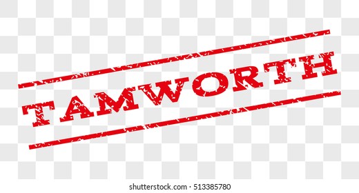 Tamworth watermark stamp. Text caption between parallel lines with grunge design style. Rubber seal stamp with unclean texture. Vector red color ink imprint on a chess transparent background.
