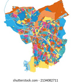 Tamworth, West Midlands, England colorful high resolution vector art map with city boundaries. White outlines for main roads. Many details. Blue shapes for water. 