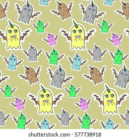 Tan background, colored monsters emotions, funny stickers pattern