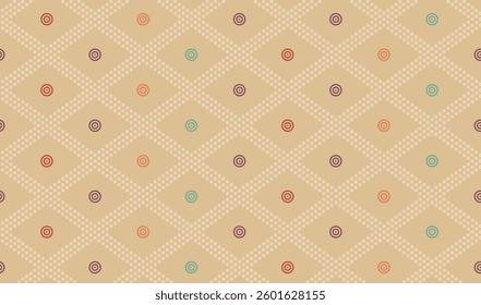 Tan background with a diamond grid pattern and small, colorful circular designs, for textile, wallpaper, gift wrapping.