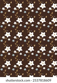 Tan background with white flowers, cocoa stems, blue flowers, and brown leaves. Perfect for springthemed designs, wallpapers, or floral patterns.